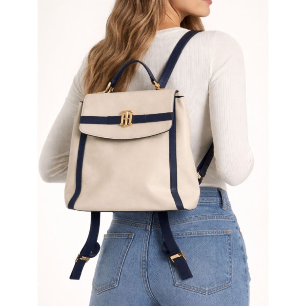 Tommy Hilfiger Women’s Backpack Cream Navy Flap Gold Logo Adjustable Straps